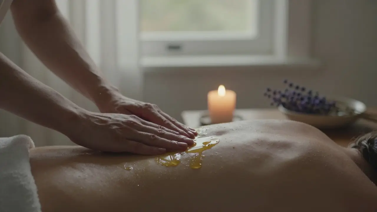 Manos masajeando piel con aceite de oliva, iluminadas por la llama de una vela.