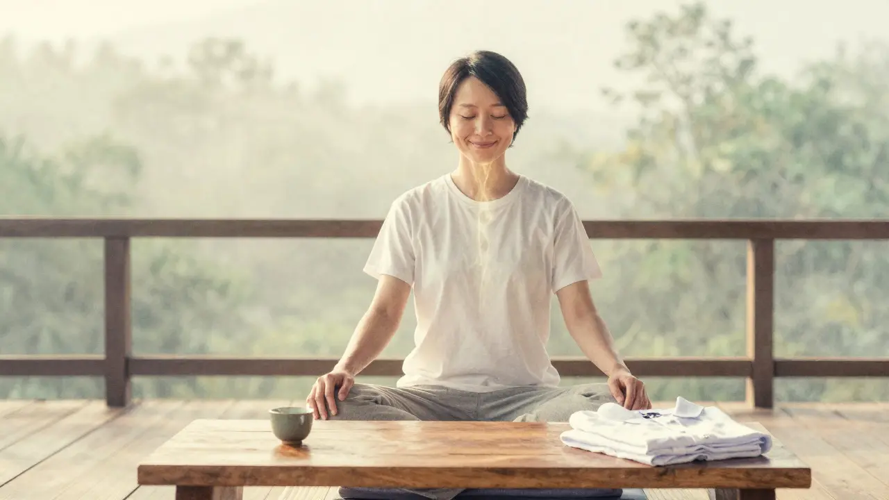 Persona en paz al amanecer, con un flujo energético sutil ascendiendo desde su espalda.