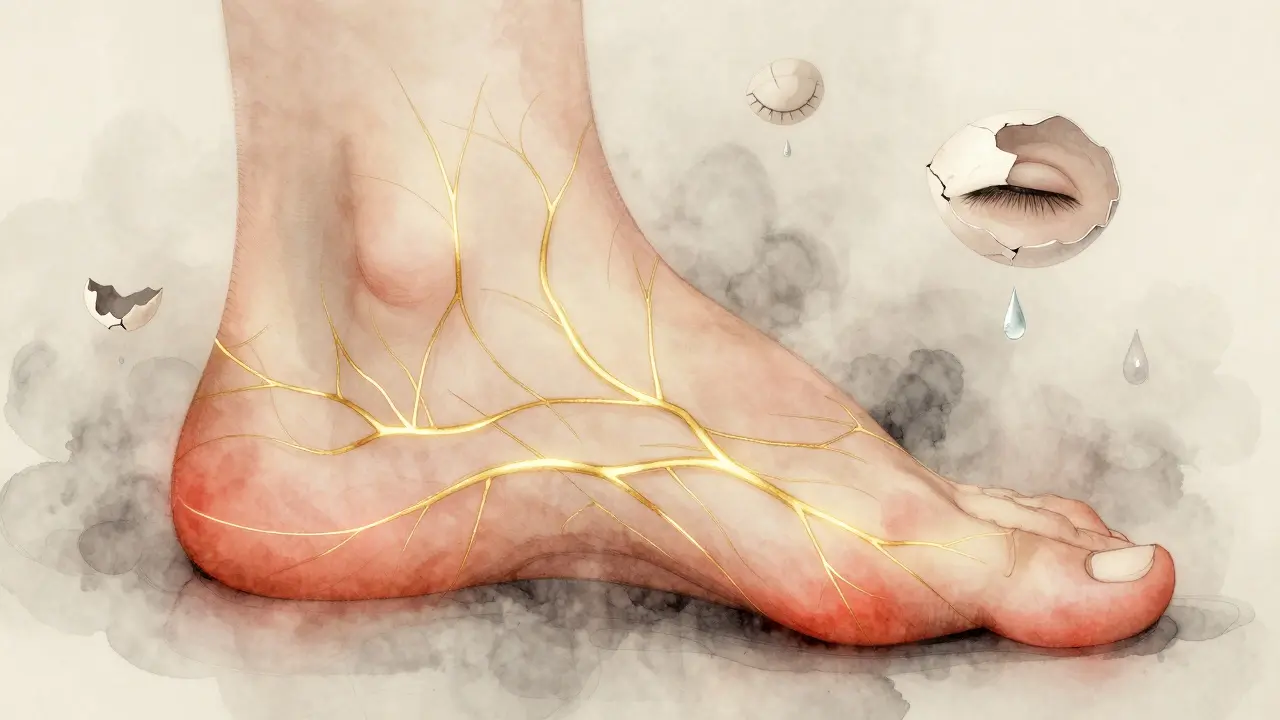Pie humano en acuarela con líneas doradas que representan terminaciones nerviosas, rodeado de símbolos de vulnerabilidad y calma.