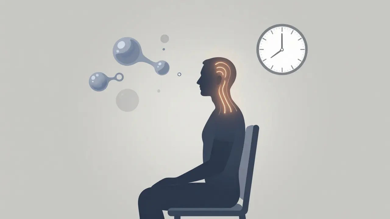 Silueta humana con líneas de energía liberando tensión en cuello, hombros y cuero cabelludo.