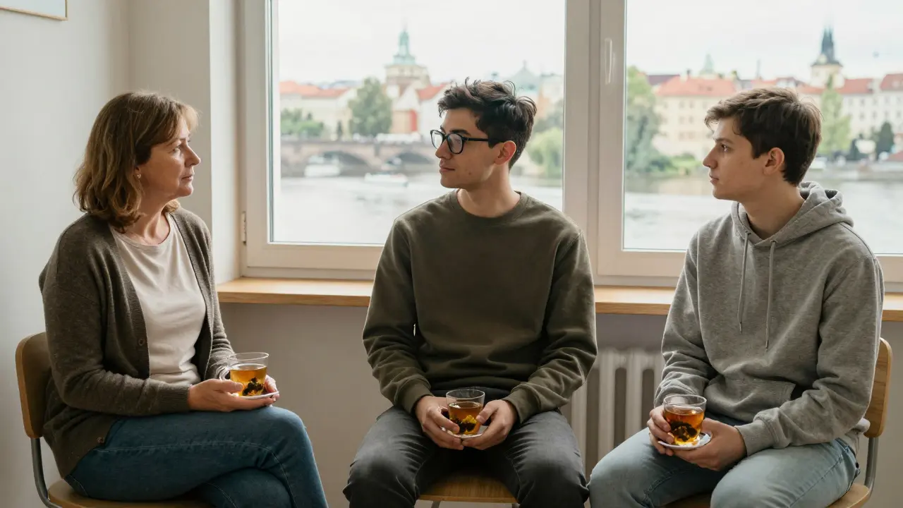 Tres personas en silencio en una sala de espera de clínica, tras una sesión de terapia con besos.