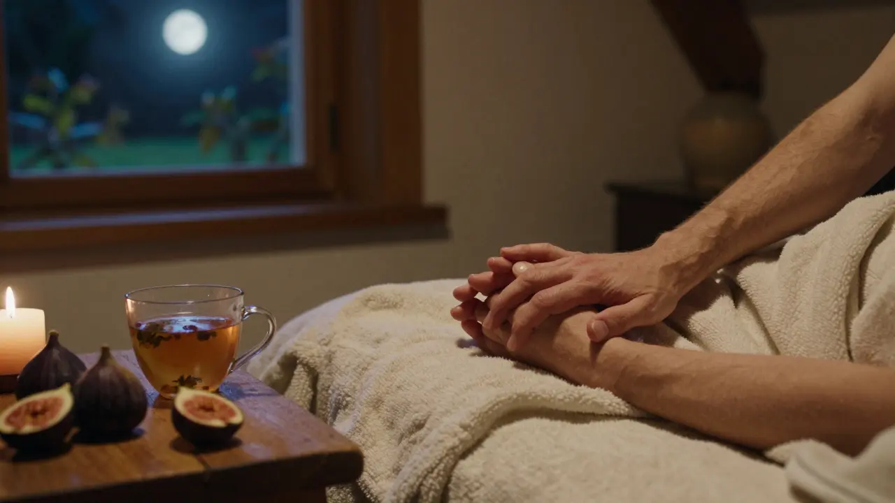 Una pareja acurrucada bajo una manta de lana tras un masaje, en una cabaña campestre cerca de Praga, con té y frutas sobre una mesa de madera.