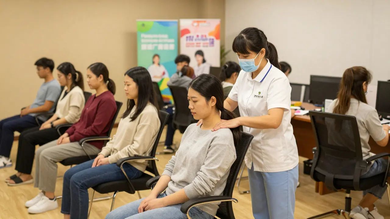 Varios empleados recibiendo masajes en silla durante un evento corporativo de bienestar.