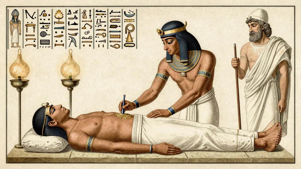 Antigua escena de aplicación de aceites esenciales en Egipto y Grecia.