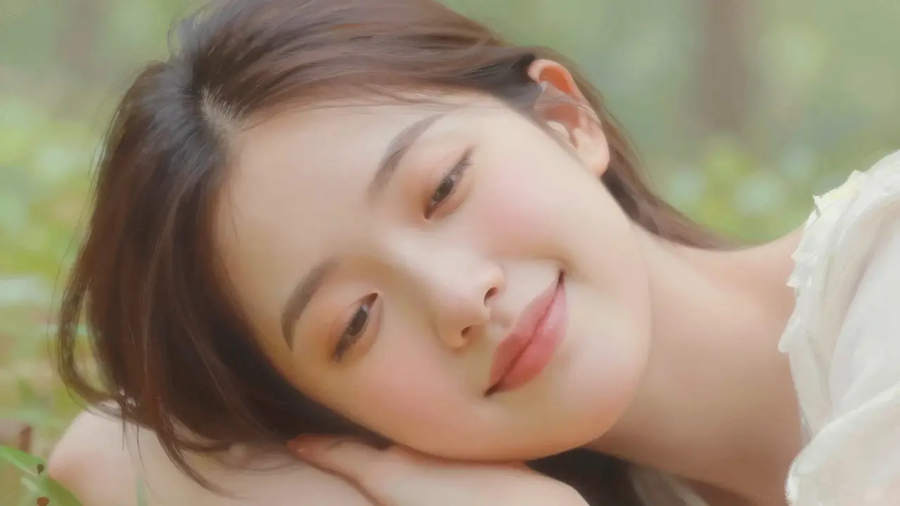 Cara de persona sonriendo suavemente con fondo de bosque tranquilo, luz natural suave.