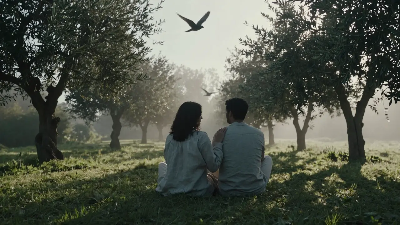 Dos personas sentadas espalda contra espalda en un jardín al amanecer, conectadas en silencio sin contacto íntimo.