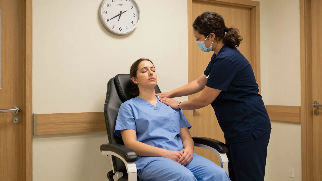 Enfermera relajada en una silla de masaje en el pasillo de un hospital, siendo atendida por un terapeuta.