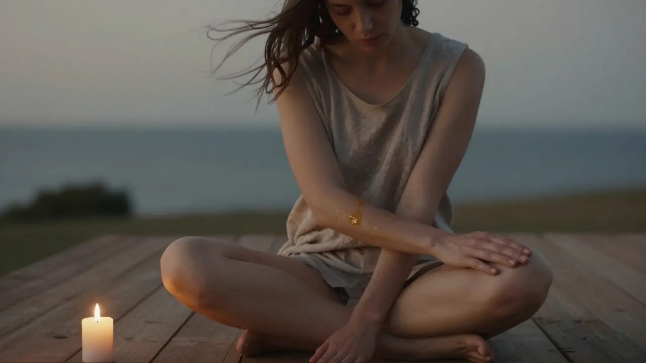 Persona masajeando sus propios brazos con aceite de almendra, en silencio, con una vela y sonidos de la naturaleza.
