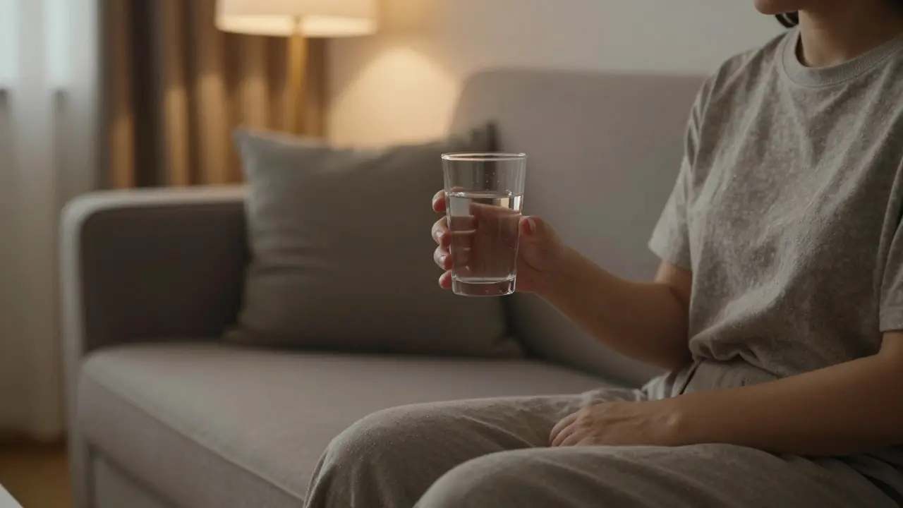 Persona sosteniendo vaso de agua en sofá, iluminación suave.