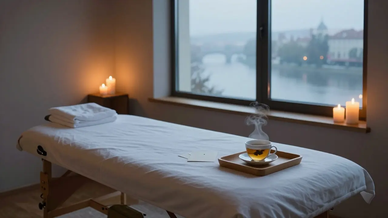 Sala de masaje vacía al amanecer, con una taza de té aún humeante, tras una experiencia de conexión emocional.