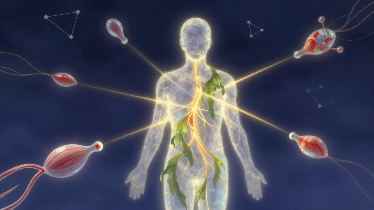 Silueta humana rodeada por una nube luminosa de gel de algas, con ondas de luz que representan relajación muscular y reducción del estrés, en un fondo cósmico.