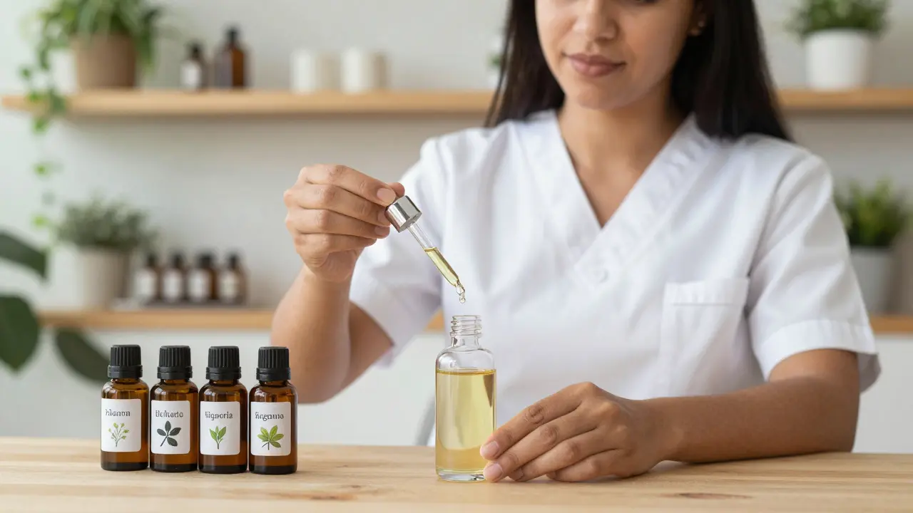 Terapeuta preparando aceites esenciales diluidos con herramientas de precisión.
