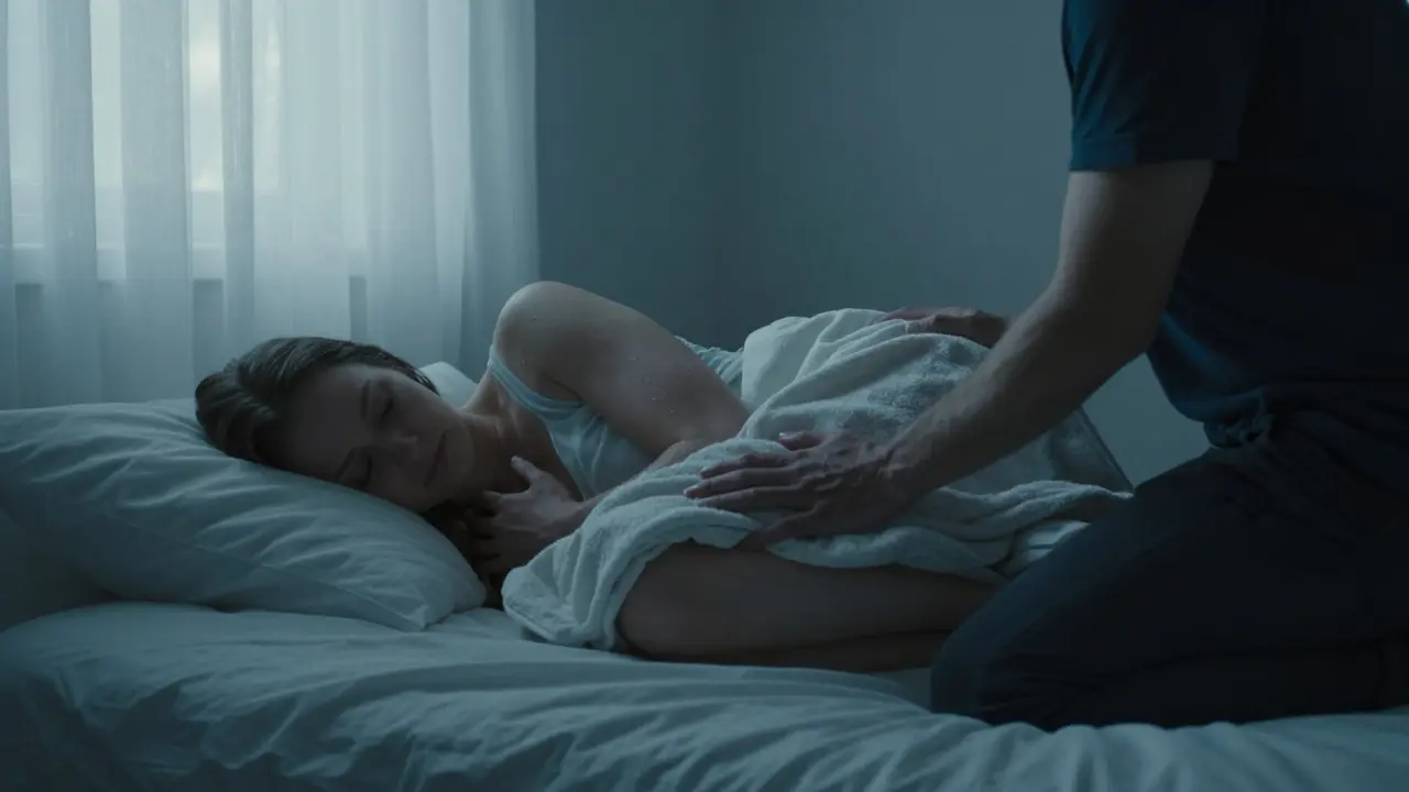 Una mujer cubierta con una manta, su pareja le coloca una toalla limpia sobre las piernas en silencio.