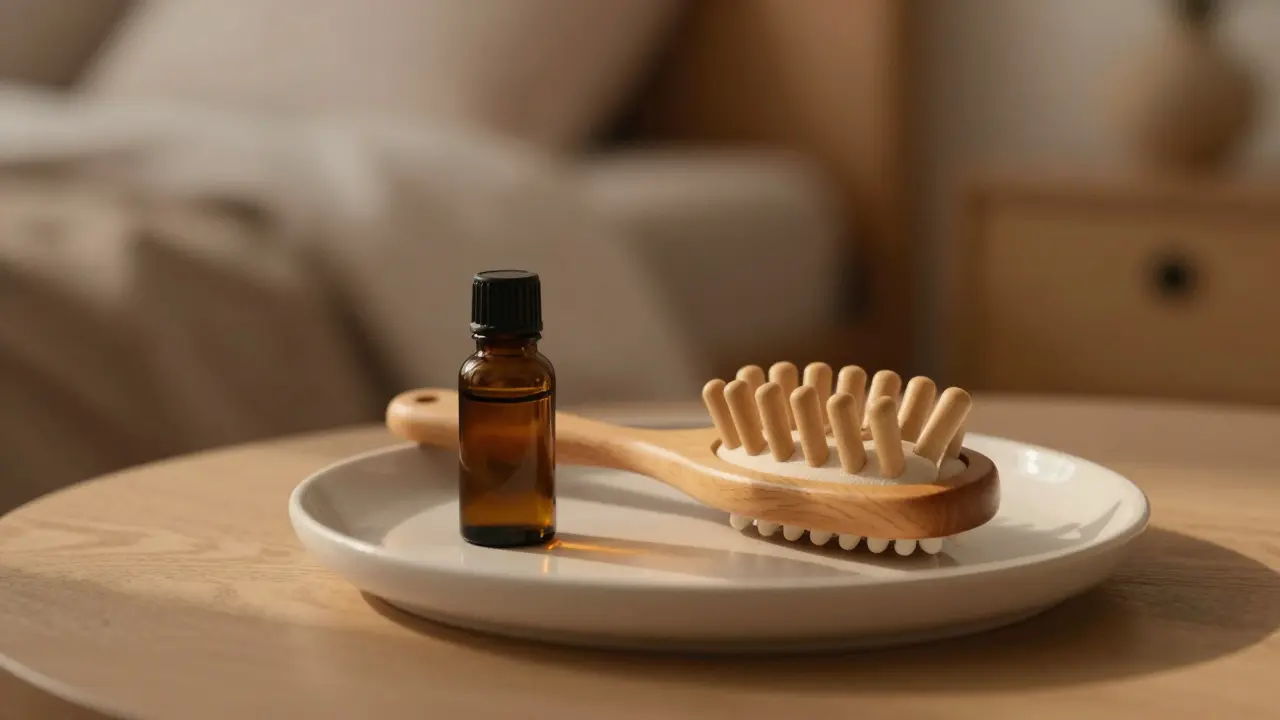 Cepillo de madera y botella de aceite para cuidado capilar.