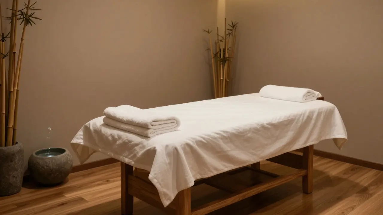 Cuarto de spa vacío con toallas dobladas y luces cálidas.