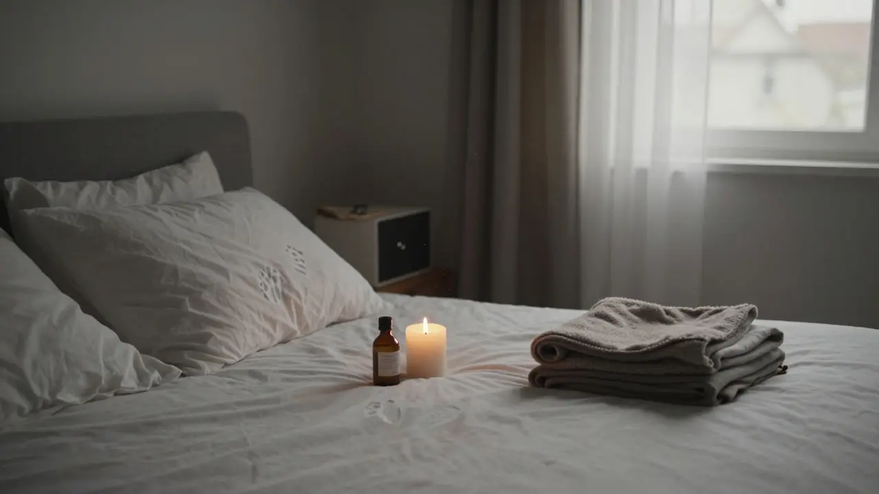 Cuarto vacío al amanecer con vela encendida, aceite y manta plegada, luz natural entrando por la ventana.