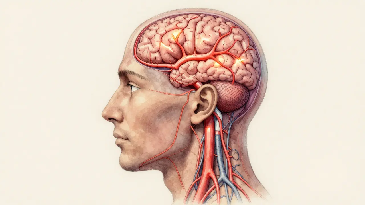 Ilustración anatómica que muestra el flujo sanguíneo mejorado desde el cuero cabelludo hasta el cerebro, con vías nerviosas iluminadas y tensión liberada en el cuello.