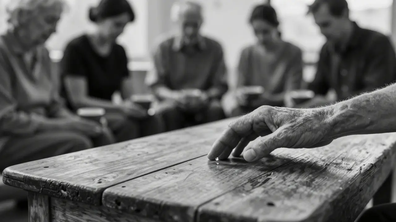 Manos de terapeutas sobre una mesa de madera desgastada, con una gota de aceite de lavanda cayendo, mientras siluetas de clientes se relajan en el fondo.