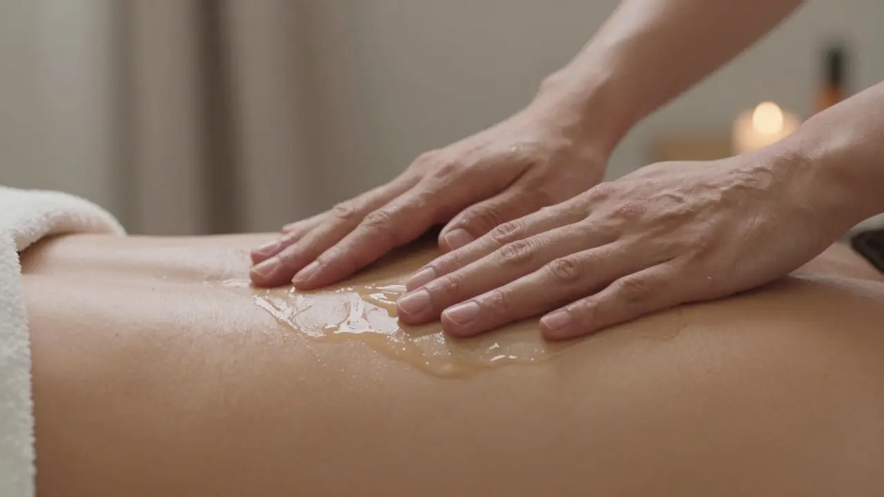 Manos deslizándose suavemente sobre una espalda con aceite, en un contacto íntimo y tranquilo.