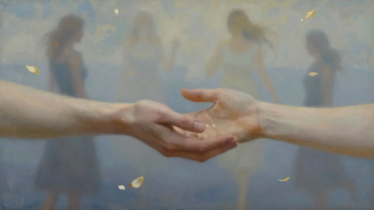 Manos entrelazadas flotan en un entorno nebuloso, simbolizando sanación femenina sin contacto físico.