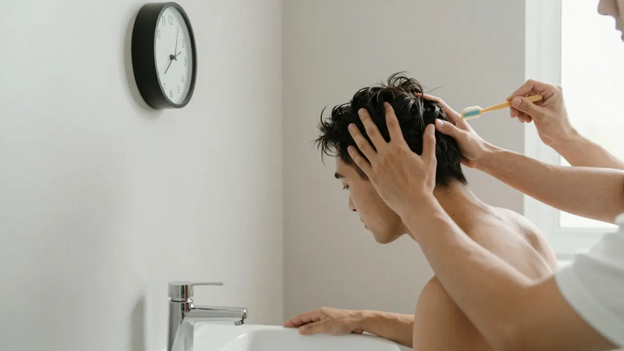 Persona realizando un masaje de cabeza mientras se cepilla los dientes, en un baño minimalista, sin pantallas ni distracciones, destacando la facilidad de integrar el hábito en la rutina diaria.