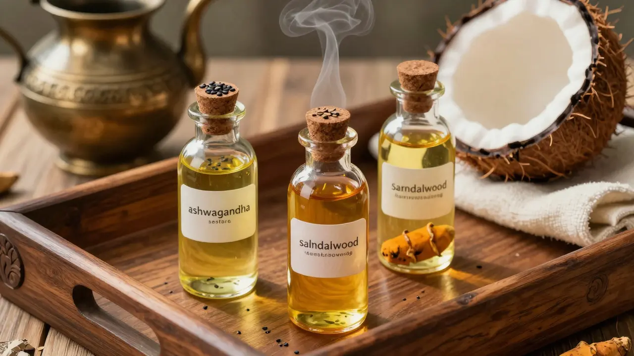 Tres aceites ayurvédicos tradicionales en frascos de vidrio con hierbas específicas, sobre madera tallada con luz suave.