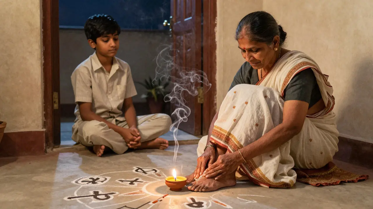 Una mujer mayor se masajea los pies con aceite en casa, bajo una lámpara de barro, ambiente tranquilo y ancestral.