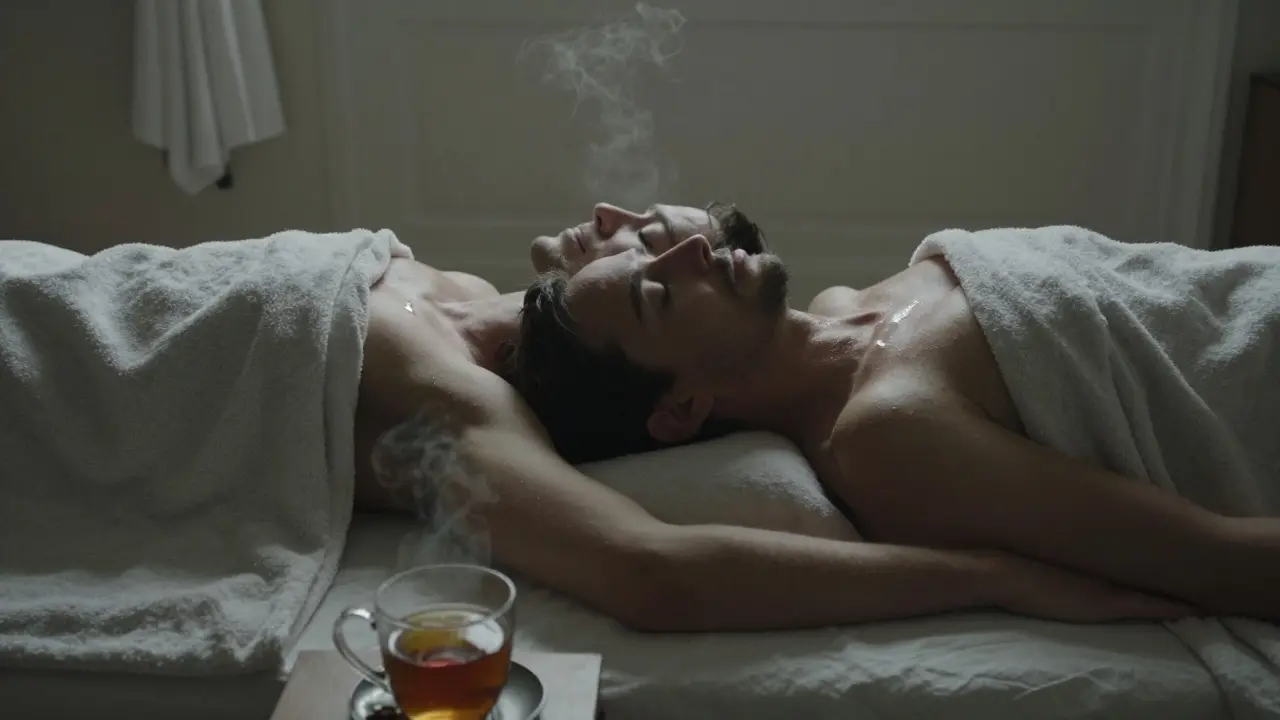 Una pareja abrazada bajo una manta, después de un masaje, con la piel brillando suavemente.