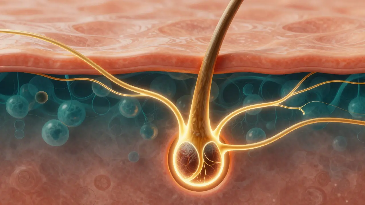 Vista microscópica de folículo capilar con flujo sanguíneo.