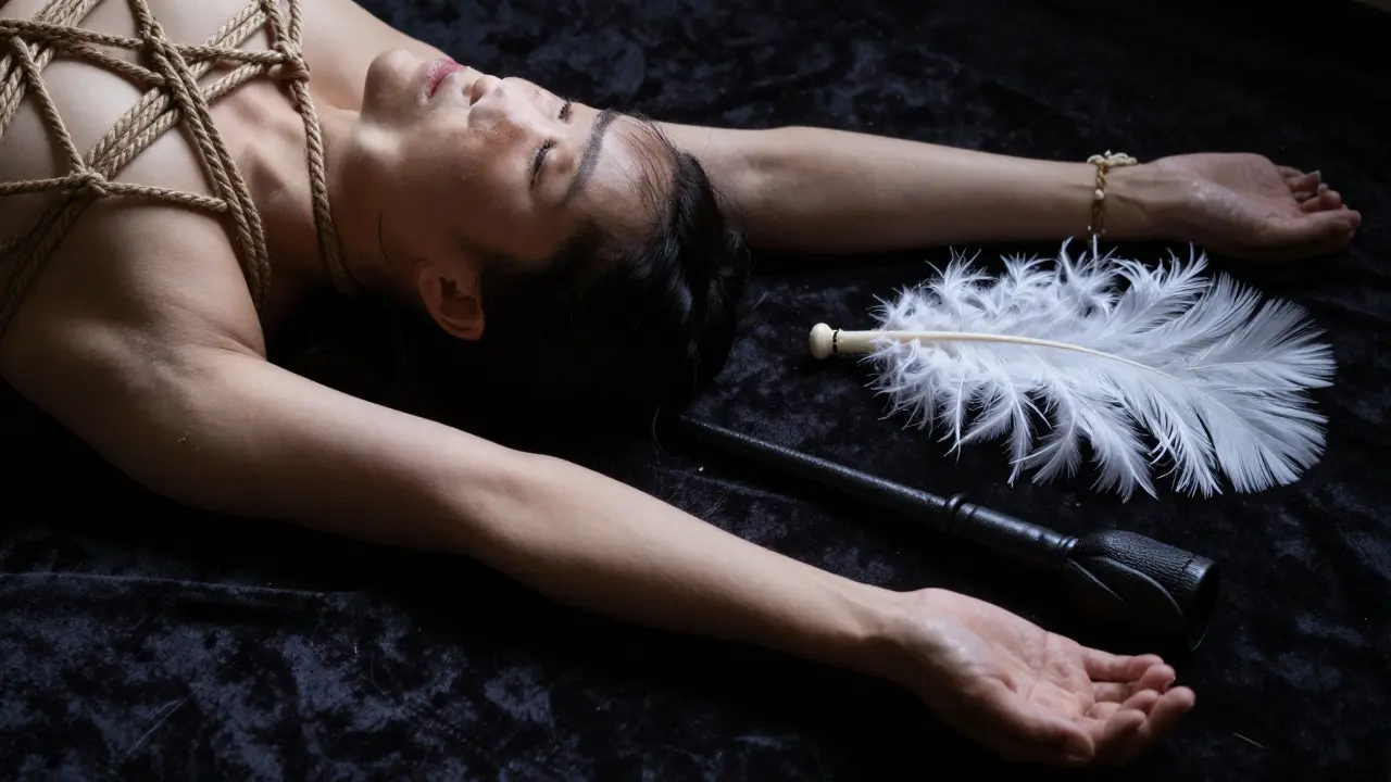 Cuerdas de shibari y herramientas sensoriales sobre una superficie de terciopelo oscuro.