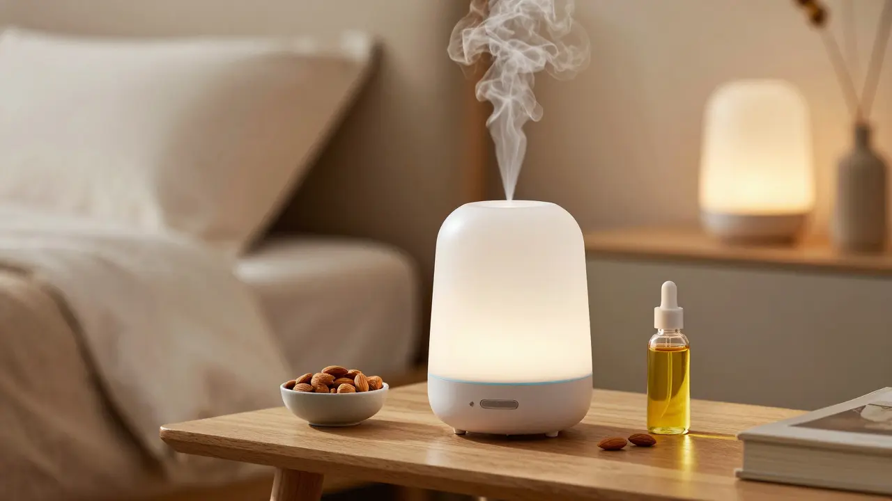 Difusor de aceites esenciales funcionando en una mesa de noche minimalista y acogedora.