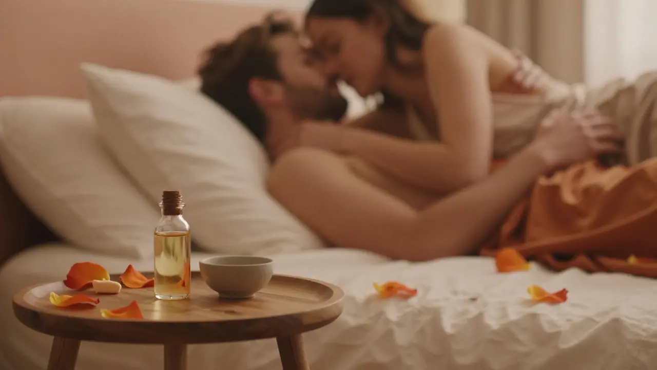 Habitación serena con aceites naturales y pétalos, evocando un ambiente de conexión y paz.