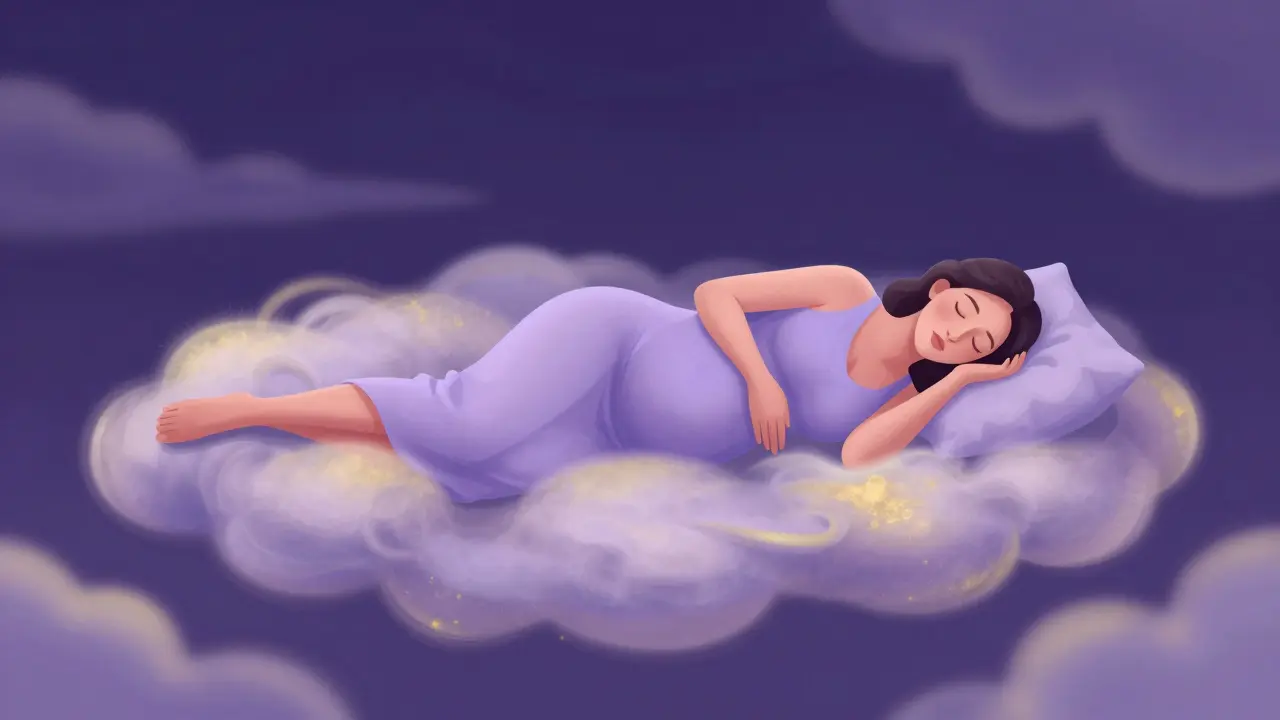 Ilustración conceptual de una mujer embarazada durmiendo plácidamente entre tonos lavanda.