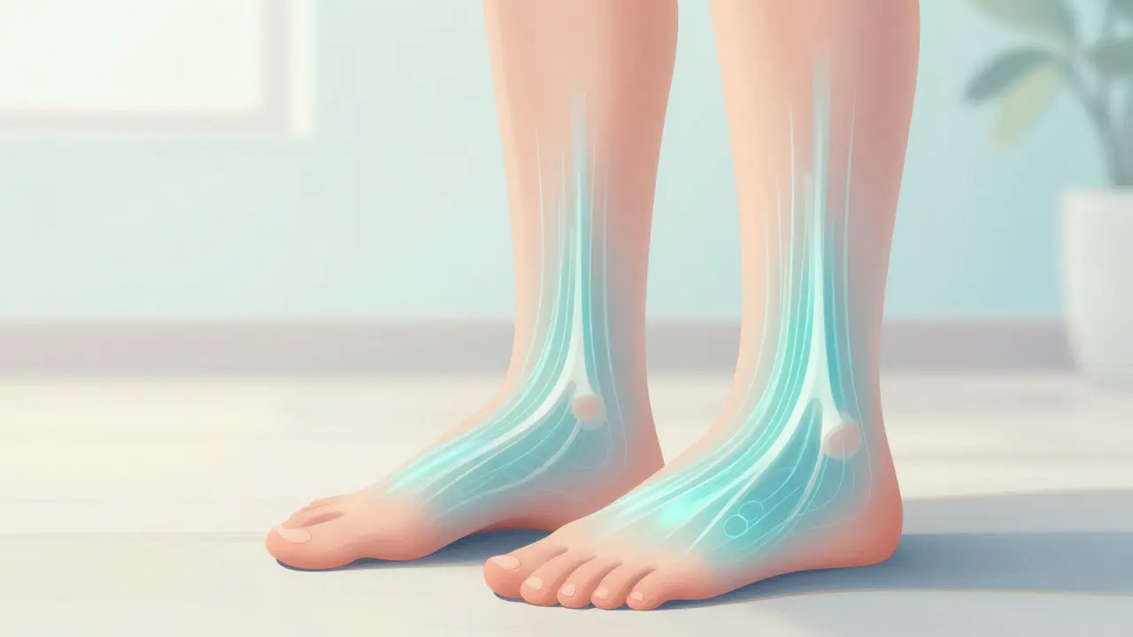 Ilustración conceptual del flujo de drenaje linfático en los tobillos hinchados de una embarazada.