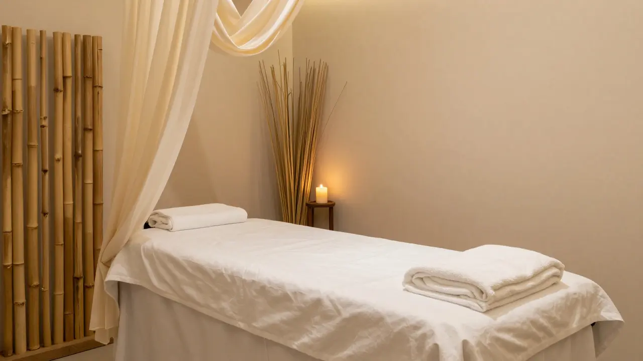 Interior de una sala de masaje Zen minimalista y lujosa con velas y decoración asiática.