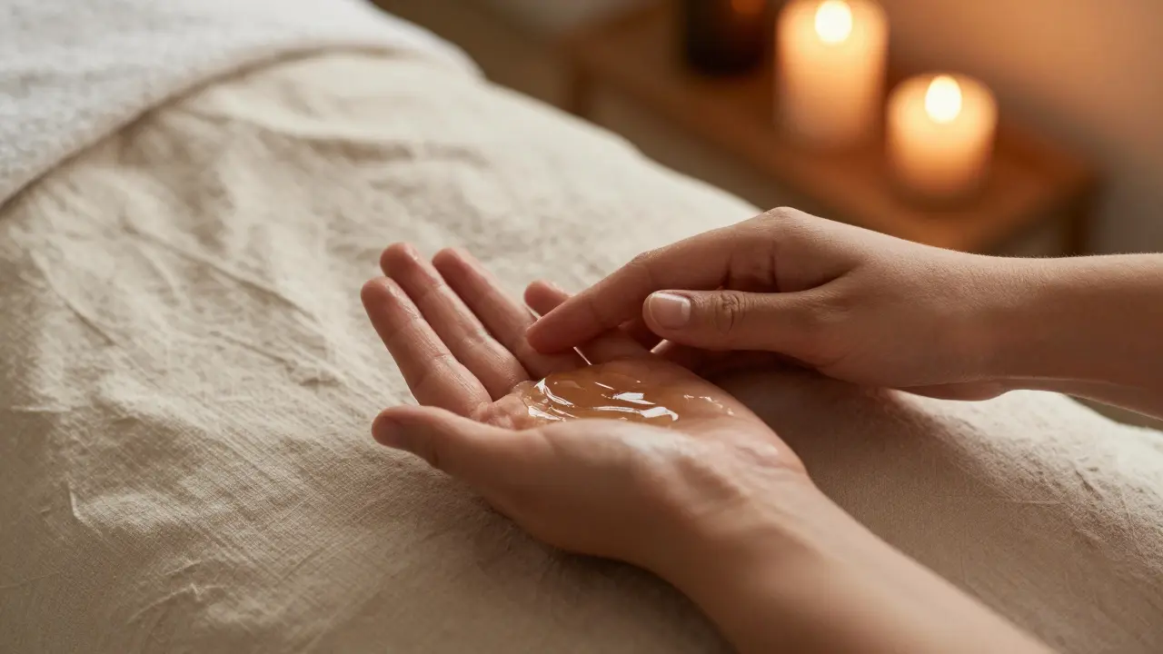 Manos frotando aceite para calentarlo antes de un masaje en un dormitorio acogedor.