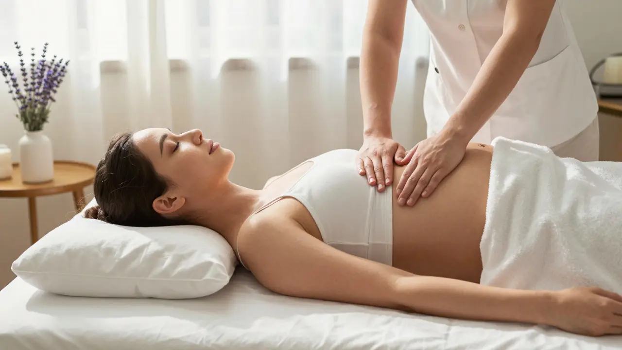 Mujer embarazada recostada de lado con cojines de soporte en una camilla de masaje especializada.