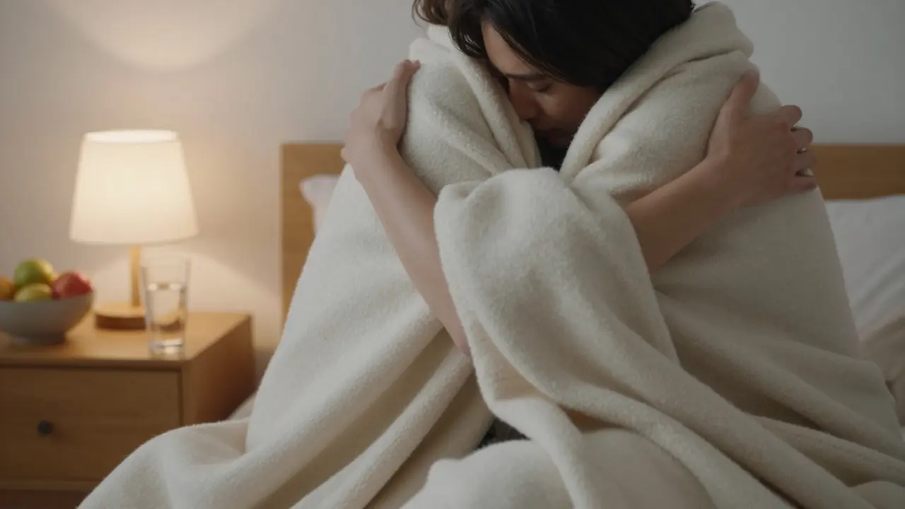 Pareja abrazada bajo una manta cálida durante el proceso de aftercare.