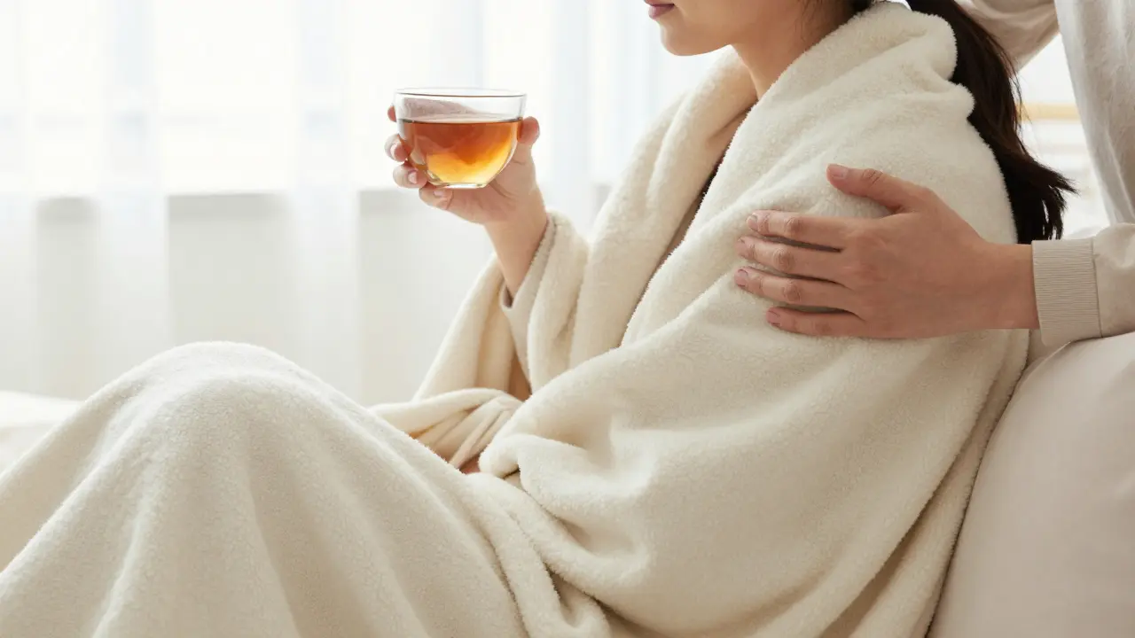 Persona envuelta en manta recibiendo cuidado posterior.