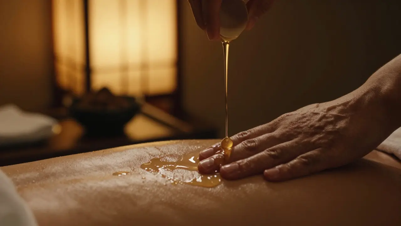 Primer plano de aceite tibio cayendo sobre la piel en un ambiente zen y relajante.