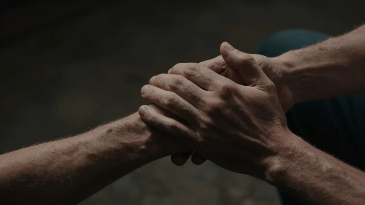 Primer plano de dos manos masculinas en un toque íntimo y sanador