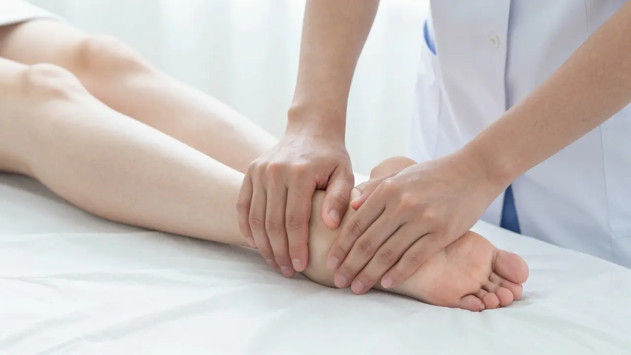 Primer plano de masaje de drenaje linfático en los tobillos de una mujer embarazada.