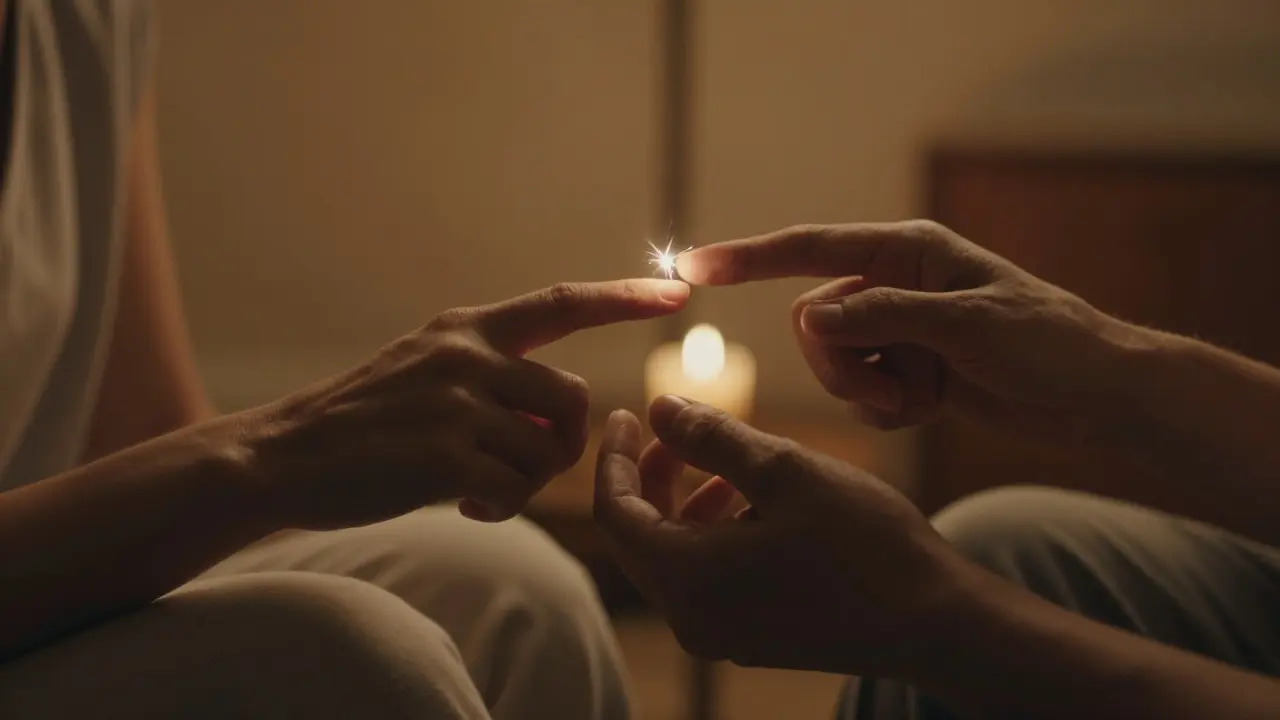 Primer plano íntimo de dos personas a punto de tocarse las manos con luz cálida de velas.