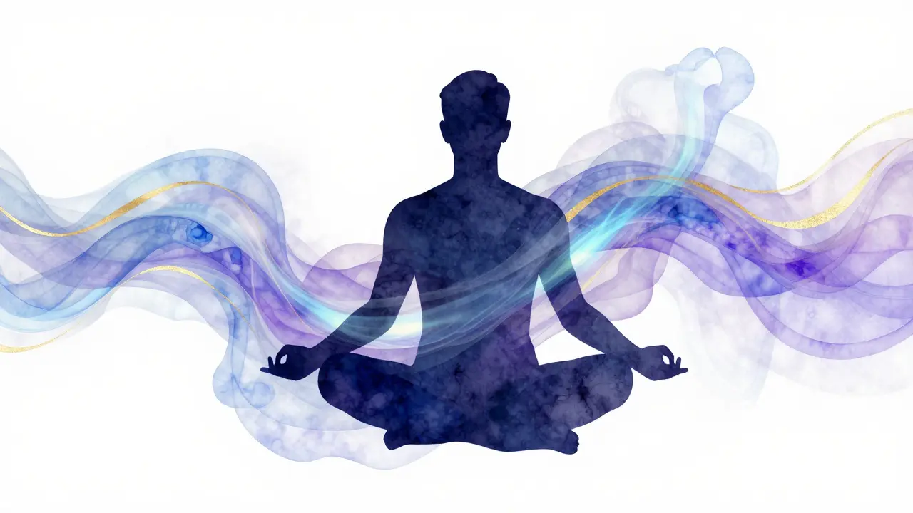 Silueta abstracta de un hombre en meditación rodeado de luces etéreas