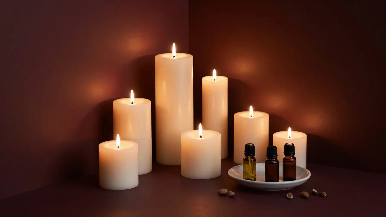 Velas de soja de diferentes alturas y viales de aceites esenciales en una habitación tenue.