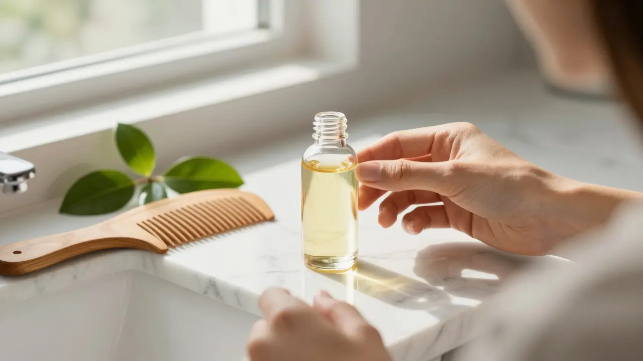 Botella de aceite de jojoba sobre encimera de mármol en baño luminoso