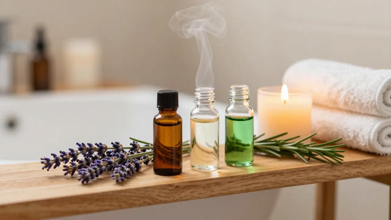 Escena tranquila de baño con aceites esenciales y velas encendidas