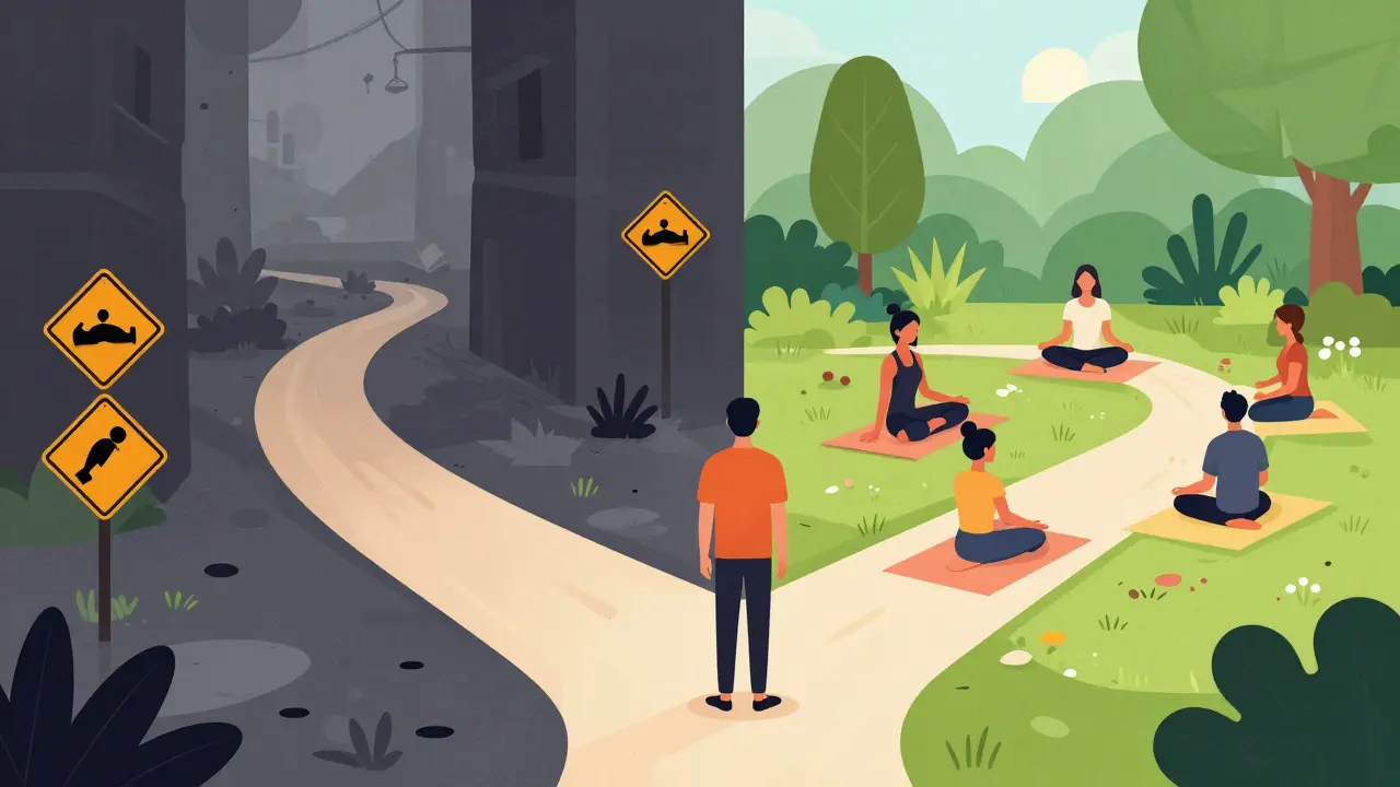 Ilustración de una encrucijada: camino oscuro de riesgo vs. camino luminoso de alternativas seguras