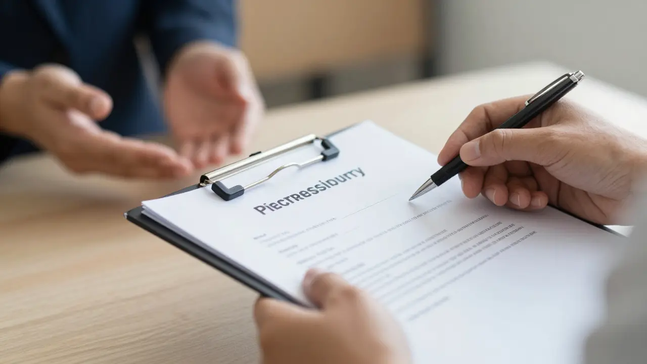 Primer plano de manos verificando credenciales profesionales bajo luz cálida y confiable