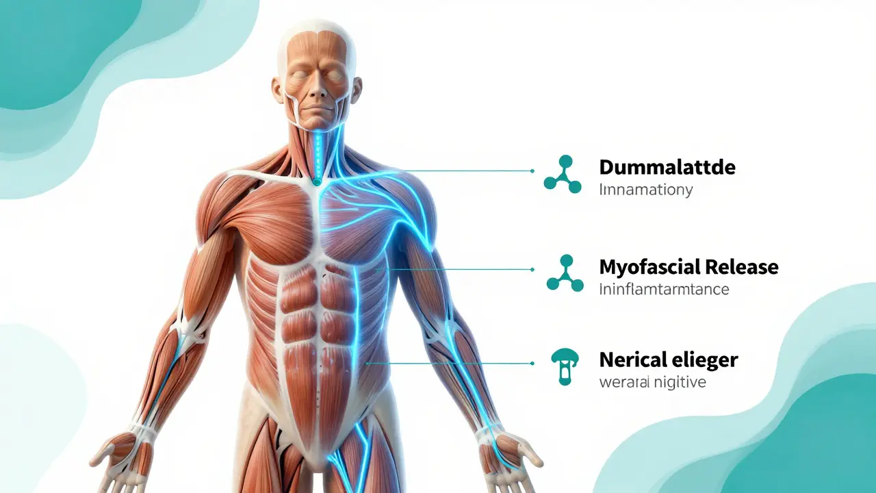 Representación conceptual del flujo sanguíneo y reducción de inflamación en músculos